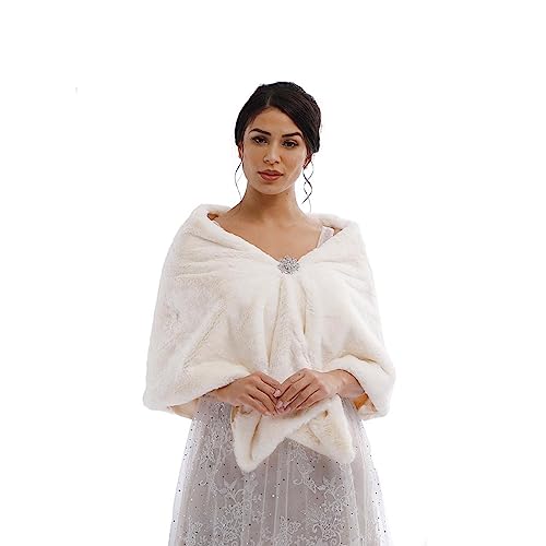 Wedding Fur Shawls and Wraps Women's Fur Scarf Faux Bridal Fur Stole with Brooch for Brides and Bridesmaids - Main Image