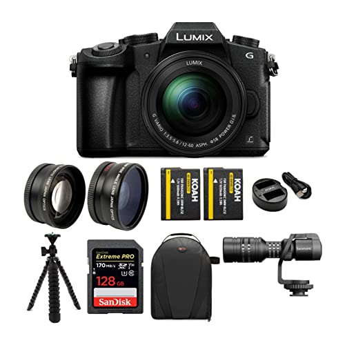 Panasonic Lumix G85 4K Mirrorless Camera con obiettivo G Vario 12-60mm Bundle con microfono montabile, scheda SD da 128GB, batteria e doppio caricatore, zaino, set di obiettivi da 58mm e treppiede (7 articoli)