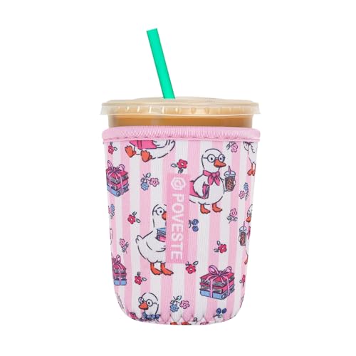 Image of Reusable Neoprene Insulator Sleeve for Iced Coffee & Cold Soda, Coffee Sleeves for Iced & Hot Drinks, Cold Beverage Cooler Compatible with Starbucks, Dunkin (Reading Goose, Small: 16-18oz)