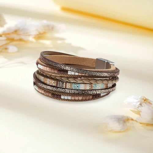 Leather Wrap Bracelets for Women, Colored Bracelets,Boho Leopard Multi-Layer Crystal Beads Cuff Bracelet Jewelry4