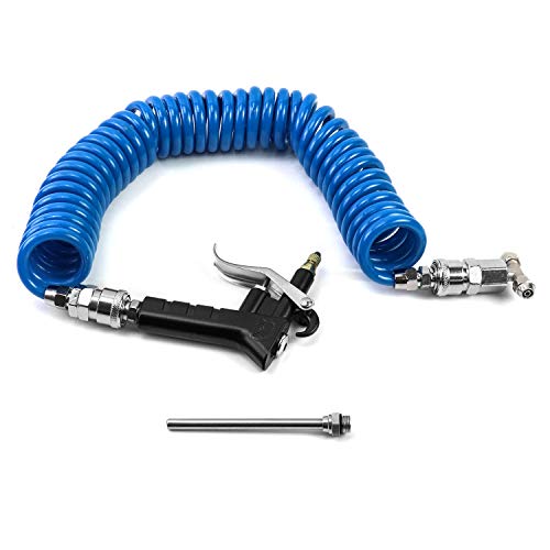 QWORK® LKW Spiralschlauch Ausblaspistole mit 5 Meter Schlauch und 6 mm Schnellkupplung, Druckluftpistole Passend für 6mm Luftschlauch, Blau