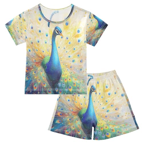 ALAZA Beautiful Color Feather Peacock Pajamas Set Short Sleeve Cotton Sleepwear Summer Pjs 2 Piece 5-14Y