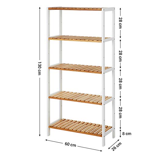 Songmics 5 Tier Bathroom Storage Shelves Bamboo Kitchen Shelf With 9 Adjustable Heights Multifunctional Display Stand In Living Room Hallway 60 X 26 X 130 Cm White And Natural Bcb35wn
