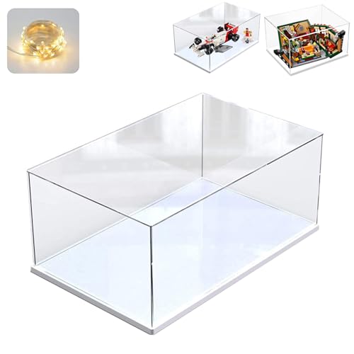 Vitrina Expositora para Colecciones para Lego 21319 Central Perk 10330 10321, Expositor Cajas de Metacrilato Transparente Vitrina Acrílica con Base de Madera-Plástico & Luz, Interior Blanco 35x25x15cm