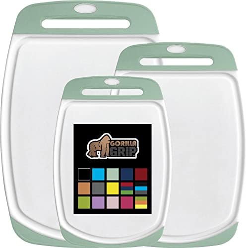 The Original Gorilla Grip Durable Kitchen Cutting Board Set of 3, BPA Free, Large Dishwasher Safe Reversible Plastic Boards, Nonslip Handle and Border, Deep Grooves, Chopping Food, Cooking, Mint