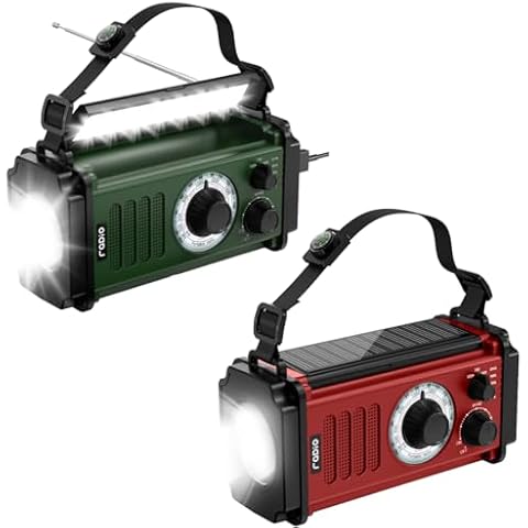 Emergency Radio 2-Pack: Red & Dark Green 37000mWh Solar Hand Crank NOAA Weather Radios with Flashlight, SOS Alarm & Phone Charger for Hurricane and Emergency Preparedness Cover
