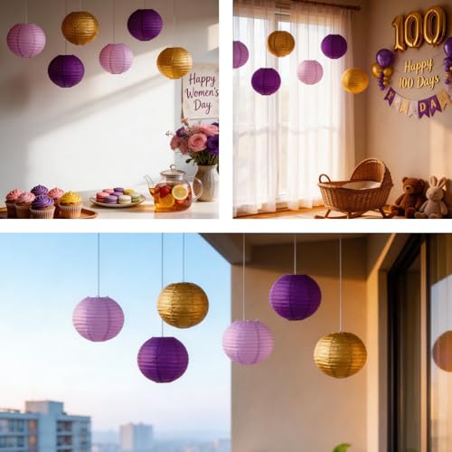 Image of Purple Chinese Paper Lanterns with LED Lights, 10-Pack 12inch | Hanging Lights for Mardi Gras, Graduation, Birthday Decorations, Ceiling Decor, Home Party & Baby Shower