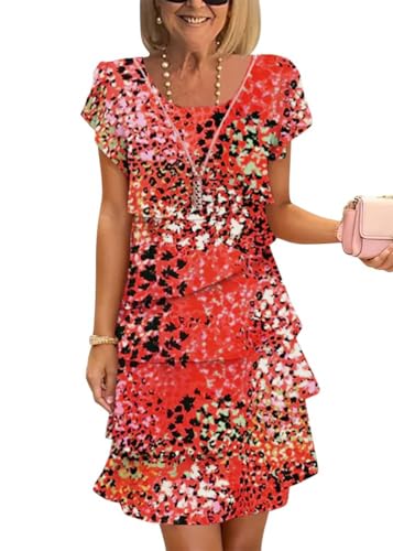 Onsoyours Femmes Été Robe en Mousseline Col Rond Élégante Robes De Soirée Fleurs Impression À Manches Courtes Volants Léger Et Respirant Mini Dress...