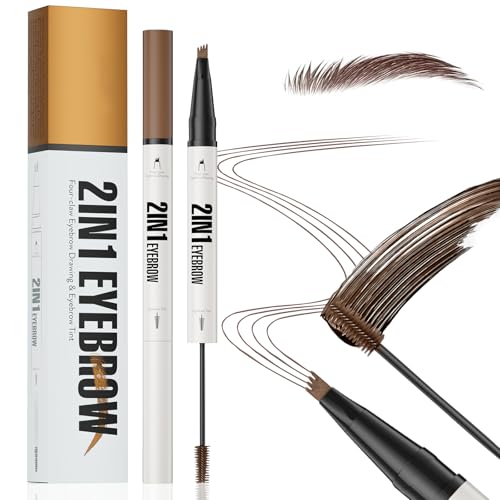 Zukqvrivelig 2 en 1 Lápiz de Cejas + Tinte para Cejas, Prueba de Manchas y Duradero Waterproof, LapizCejas Microblading para Cejas Naturales(Marrón #02)