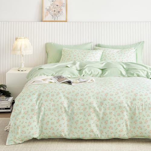 Image of Wake In Cloud - Floral Comforter Set, Coquette Cottagecore Aesthetic Flower Shabby Chic Pattern for Women Teen Girls, Soft Lightweight Bedding, 3 Pieces, Green Pink, Twin /Twin XL Size