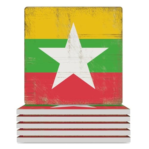 Lot de 6 sous-verres vintage en céramique avec drapeau national de la Birmanie pour la protection de table, décoration de table basse pour la maison et la cuisine