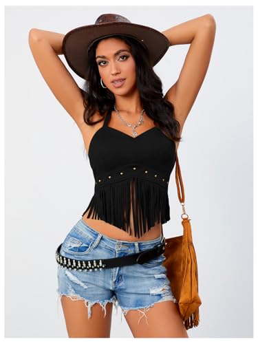Women's Y2K Fringe Western Tops Halter Tassel Cowgirl 70s Hippie Top4