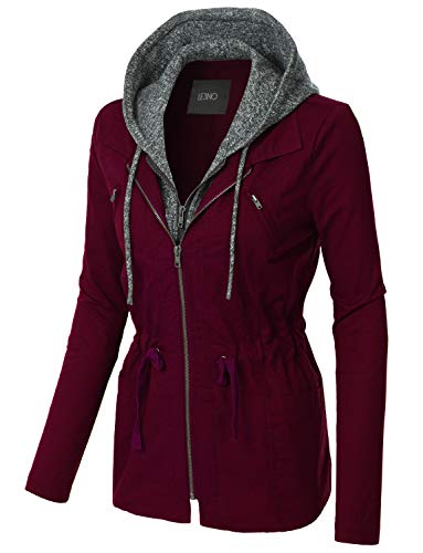 LE3NO Womens Hooded Military Safari Anorak Jacket with Fleece Hoodie, WINE, Small