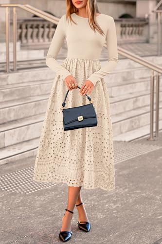 dowerme Women Fall Dresses 2025 Casual Long Sleeve Crewneck A-Line Boho Eyelet Cotton Maxi Wedding Guest Dress Pockets3