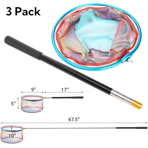 Image of Goaste 3 Pack Kids Fishing Net, Telescopic Lightweight Landing Net, Bug Insect Catching Net with Stainless Steel Pole Handle for Kids Outdoor Playing, Extendable from 26 inch to 67.5 inch