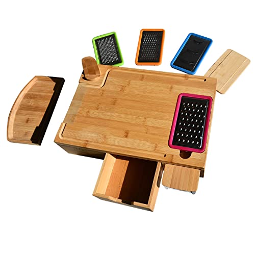 Mightyneat Bamboo Cutting Board With Containers- Multifunction Easy Prep Station With Juice Grooves- Easy Cleanup And Storage- Includes Phone Holder And 4 Multi-Functional Graters With Sliding Trays #TOP2