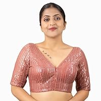 Women's Sequin Embroidered V Neck Elbow Half Sleeve Readymade Saree Blouse Indian Ethnic Designer Stitched Plus Size Top Padded Lavender Pink Blue Silver Black Gold Red Green | E1 (Onion Pink, 50)