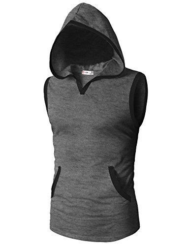 H2H Mens Active Sleeveless Longline Tanktop Hoodies with Pocket Charcoal US L/Asia XL (CMTTK015) - Thumbnail 5