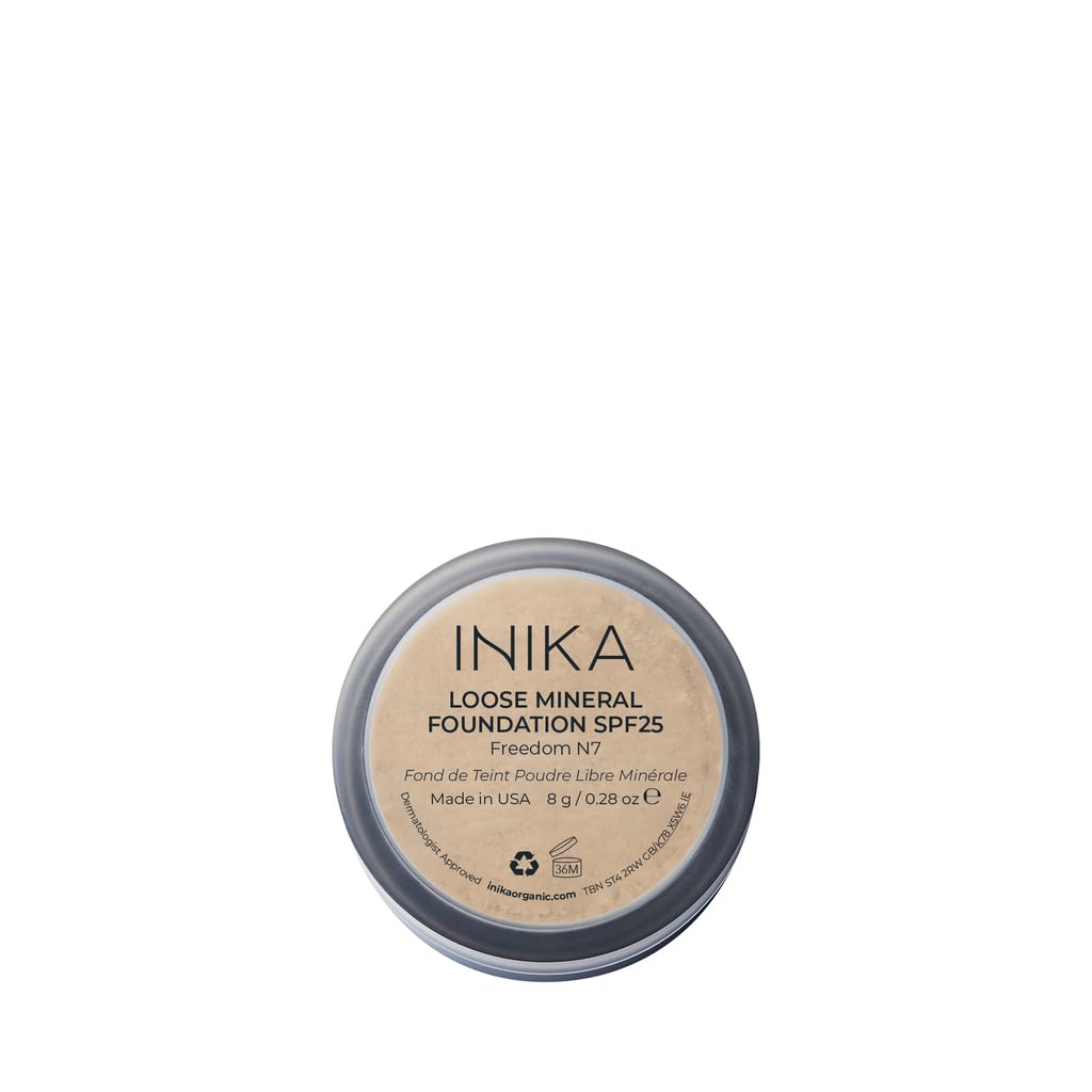 INIKA Organic Mineral Powder Foundation with SPF 25 - Vegan Makeup, Natural Looking, Buildable Coverage, Flawless Radiance & Glow, Blemish Coverage, Cruelty Free, Sustainable Packaging, Freedom, 8g
