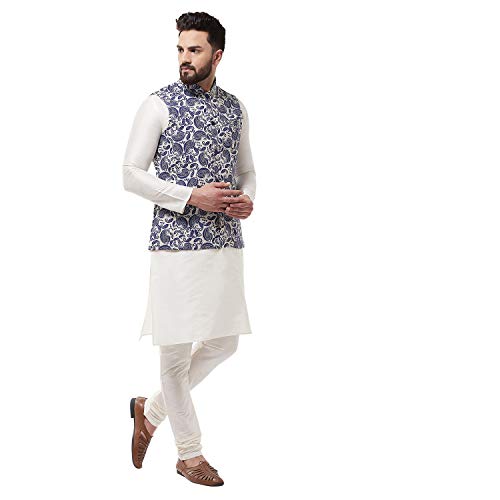 Image of SOJANYA (Since 1958, Men's Silk Blend Pink Kurta Pyjama & Printed Nehrujacket Combo