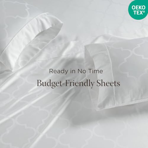 Image of Threadmill 300 Thread Count Cotton Twin Sheet Set, Sateen, Damask, White | 100% Cotton, Sateen Weave, Damask Pattern, 3-Piece Set, 16 inch Deep Pocket, Cooling, Breathable, OEKO-TEX Certified
