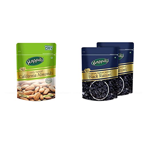 Image of Happilo 100% Natural Premium Californian Almonds Value Pack Pouch, 500 g & Premium Afghani Seedless Black Raisins, 250g (Pack of 2)