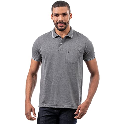 Kit70 2 Camisa Polo Bolso Piquet Jacquard com Algodão John Pull Cor:Cinza Escuro;Tamanho:M