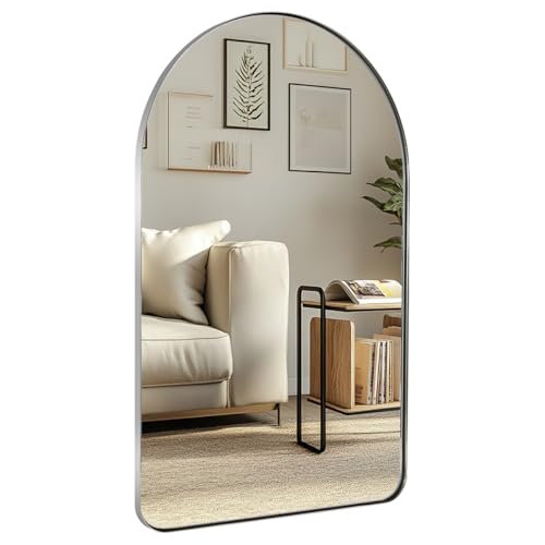 Image of Arch Mirror, 24 inch x 38 inch Arched Chrome Mirror in Stainless Steel Metal Frame, Chrome Bathroom Mirror for Wall, Arch Top Rounded Corner 1 inch Deep Set Design Wall Mount Hangs Vertical