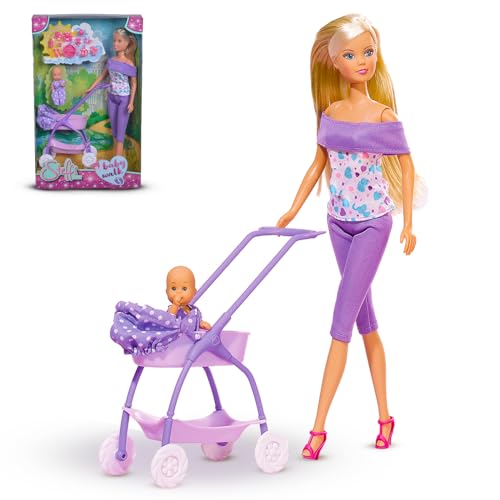 Steffi Love Doll Set| Steffi Love Baby Walk Toy| Steffi with Baby & Stroll| Set of 15+ Baby Essentials| Pretend Play Set| Ideal Gift for Girls Age 3+ (Pink)