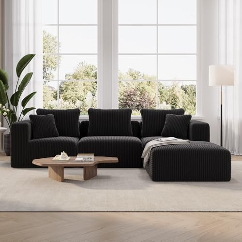 Novilla Modulares Sofa 4 sitzer 270cm Breit, Ecksofa Cord L Form Wohnzimmer | Boneless Couch mit Federn Smarts Coil®-Unterstützung Keine Montage erforderlich (3 Sitzplätze+1 Hocker