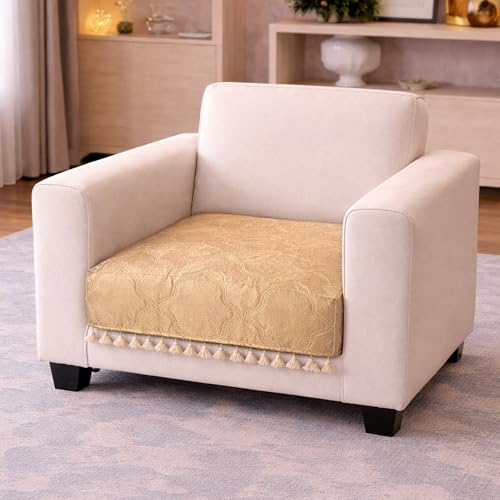 Image of Cortina Velvet Sofa Cover with Tassels | Sofa Couch Protector | Machine Washable Sofa Topper (White, 1 Seater)
