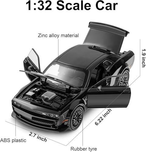 Image of 1:32 Scale Dodge Challenger Hellcat Die-Cast Metal Toy Car with Lights & Sound, Pull Back Action, Openable Doors, Hood & Trunk | Alloy Sports Car Model (1:32 Hellcat Dodge Challenger-Black 123)
