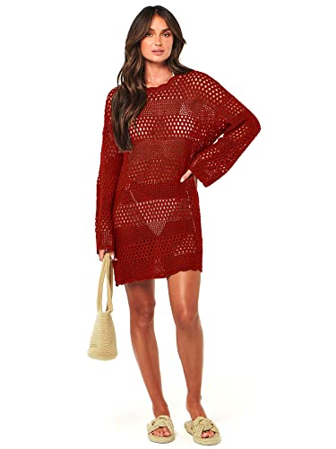 Anrabess Women Swimsuit Crochet Swim Cover Up Summer Bathing Suit Swimwear Knit Pullover Beach Dress 958Jiuhong-S Burgundy #TOP5