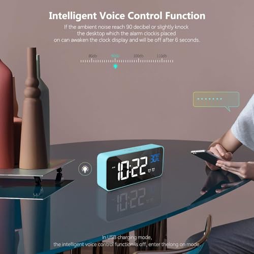 Image of Digital Alarm Clock with Large LED Display Mirror with Temperature Indicator Dual Alarm, Snooze, 4 Degrees Brightness Adjustment, 13 Music Settings, USB Connection, Bedroom