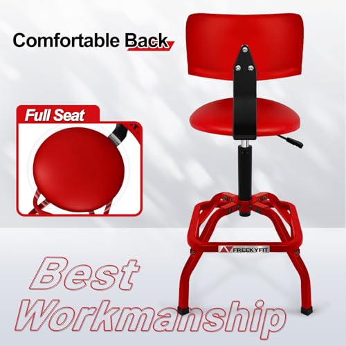 Image of Shop Stool with Backrest, Mechanic Garage Stool for Workshop, Adjustable Shop Stools Chair, Padded Workbench Stools for Men Women, 300 LBS Capacity, 360 Swivel PVC Seat, Heavy Duty, Red
