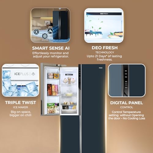 Image of Haier 598 L 3 Star Frost Free Expert Inverter Smart Sense AI enabled 3-Door Side by Side Refrigerator (HRT-683GOGU1, Grey Onyx Glass, Magic Convertible Zone, Premium Vogue Glass, 2026 Model)