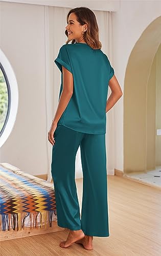 Ekouaer Silk Pajamas Set Womens Lace V Neck Loungewear Short Sleeve Satin Shirt with Long Pant Silky Pjs2