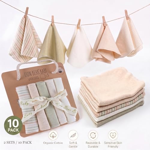 Image of Lion bear 10 Pack Reusable Colored Organics Baby Washcloths, Soft Absorbent Organic Cotton Washable Saliva Towel Face Wipes,Face Towel, Natural Baby Wipes for Sensitive Skin (Multicolor)