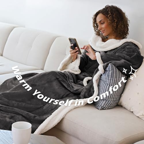 Image of Catalonia Sherpa Wearable Blanket with Sleeves Arms,Super Soft Warm Comfy Large Fleece Plush Sleeved TV Throws Wrap Robe Blanket for Adult Women and Men Grey