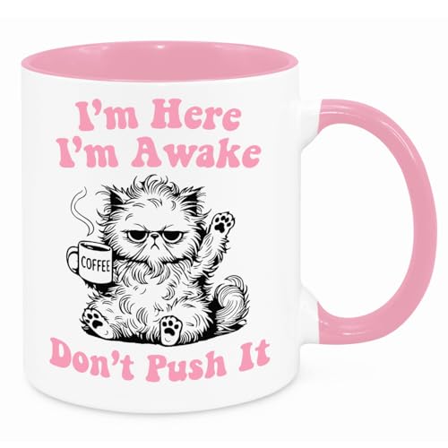 Cherish Charlie Designs Im Here Mug - Funny Novelty Gift Silly Present Mug Birthday Christmas for Mum Dad Friend Sister Brother Grandparents for Man Woman Secret Santa Work Quotes (Pink)