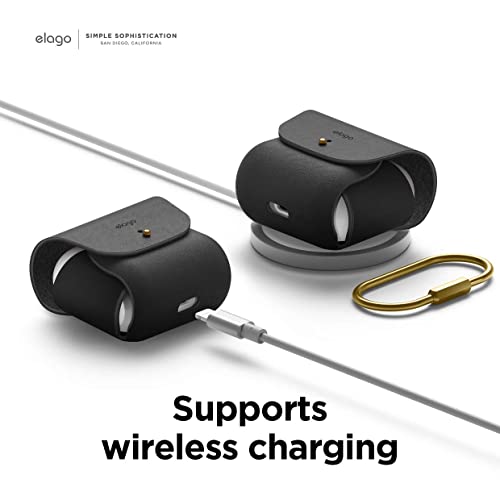 Image of elago Leather Case with Keychain Compatible with AirPods 3 Case, Natural Cowhide Leather Case with Brass Ring Holder, Supports Wireless Charging (Black)