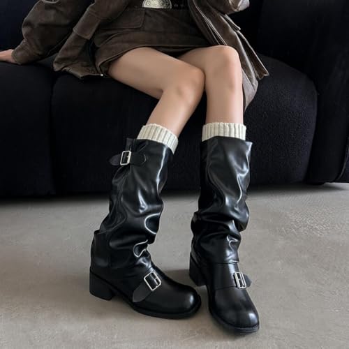 Image of Goolita Women's Buckle Biker Knee High Boots Square Toe Chunky Heel Star Moto Mid Calf Boots Slip On Motorcycle Riding Boot