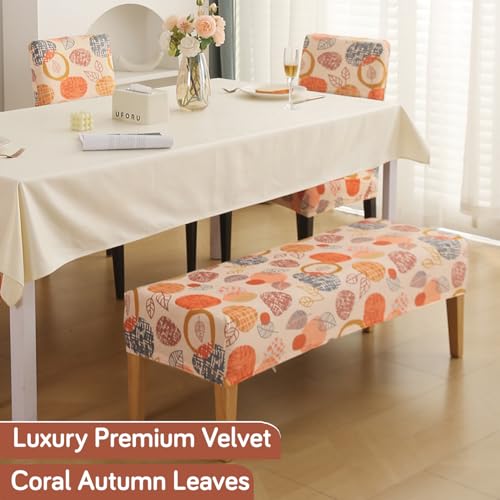 Image of HOKIPO Premium Velvet Cover Set for 4 Dining Chairs + 1 Dining Bench, Coral Autumn Leaves (AR-5799-D1)