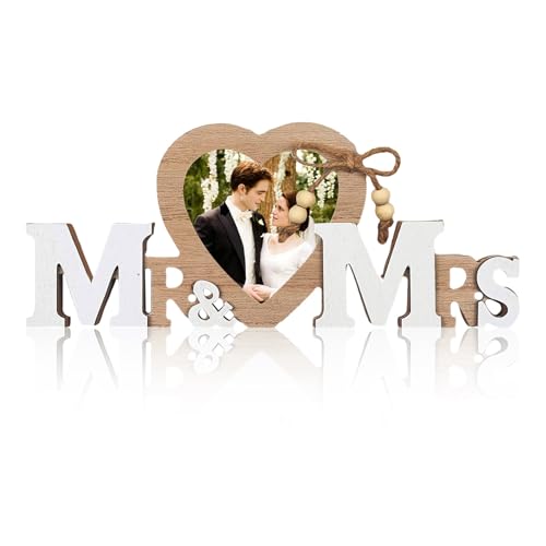 FRUHLING Mr & Mrs Déco Mariage en Bois avec Cœur Cadre Photo Cadeaux de Mariage Décoration de Mariage pour les Mariés Lettres en Bois Cadre Photo