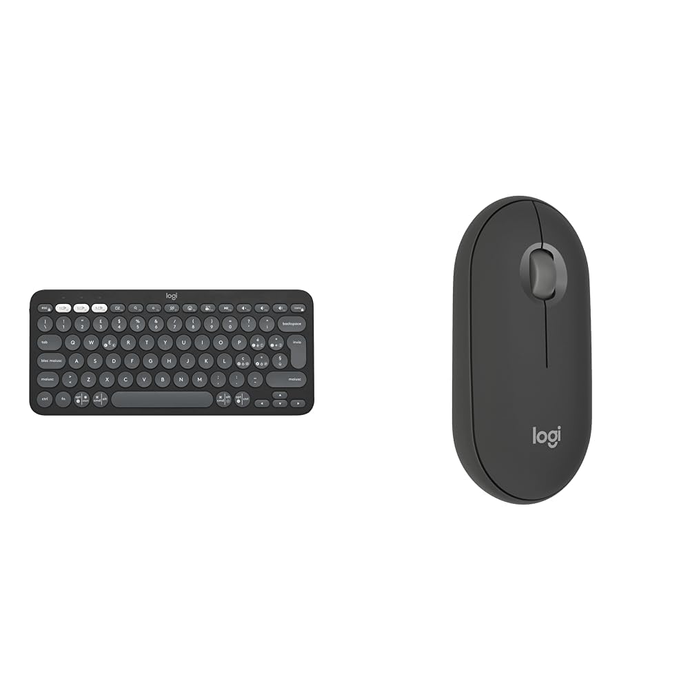 Logitech Pebble Keys 2 K380s, tastiera Bluetooth multidispositivo & Pebble Mouse 2 M350s wireless Bluetooth sottile, portatile, leggero, personalizzabile