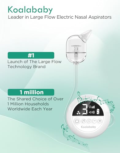 Koalababy Large Flow Electric Baby Nasal Aspirator, Newest Baby Nose Sucker with 9 Levels Suction, Gentle on Nasal Mucosa, Soothing Music and Light, Comes with Travel Bag