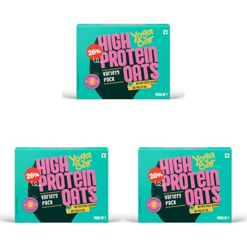 Image of Yogabar High Protein Oats (Variety Pack of 21) | 26g Protein per Serve | Wholegrain Breakfast | Flavors: Korean Fire, Mum's Masala, Dark Chocolate, Fruit Nuts Seeds, Kesar Pista Kulfi, Banana Creme, Filter Kappi