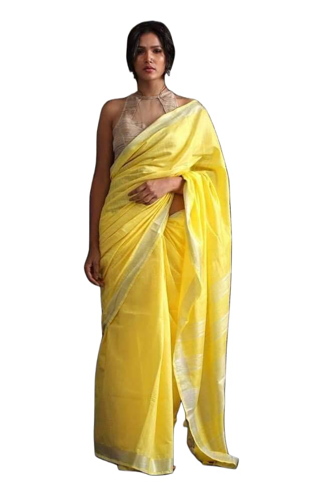 Image of STB-SILK TEXTILES BHAGALPUR Women's Bhagalpuri Linen Saree With Blouse Piece