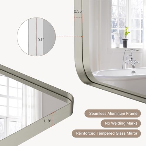 Image of Kosmonia 30 inchx20 inch Bathroom Mirror, Large Brushed Nickel Vanity Mirror | Rounded Rectangle, Anti-Rust Wall Mounted, Aluminum Frame, Tempered Glass, Hangs Horizontally or Vertically
