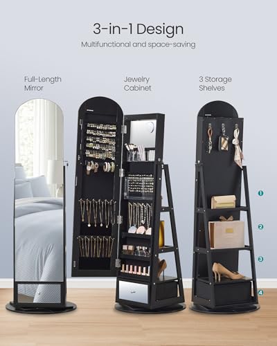 Image of SONGMICS 360 Swivel Jewelry Cabinet, Full-Length Arched Mirror with LED Lights, Magnifying Mirror, Storage Shelves, Drawer, Ink Black UJJC030BC01